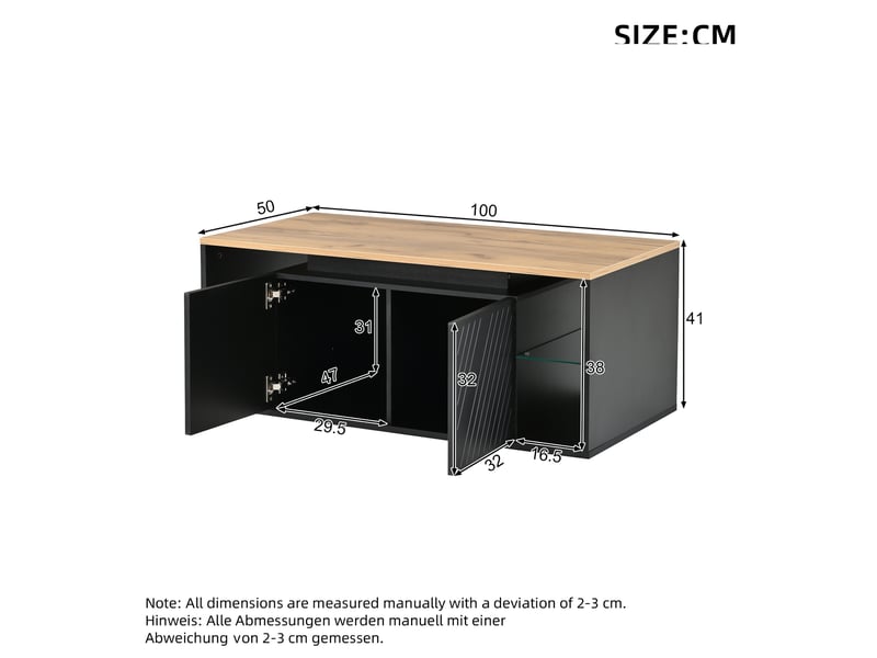 Table basse 100x50x41 cm avec led via appli, 2 portes, rangements semi-ouverts, façades à motif diagonal, noir et effet bois, pour salon - Conforama D