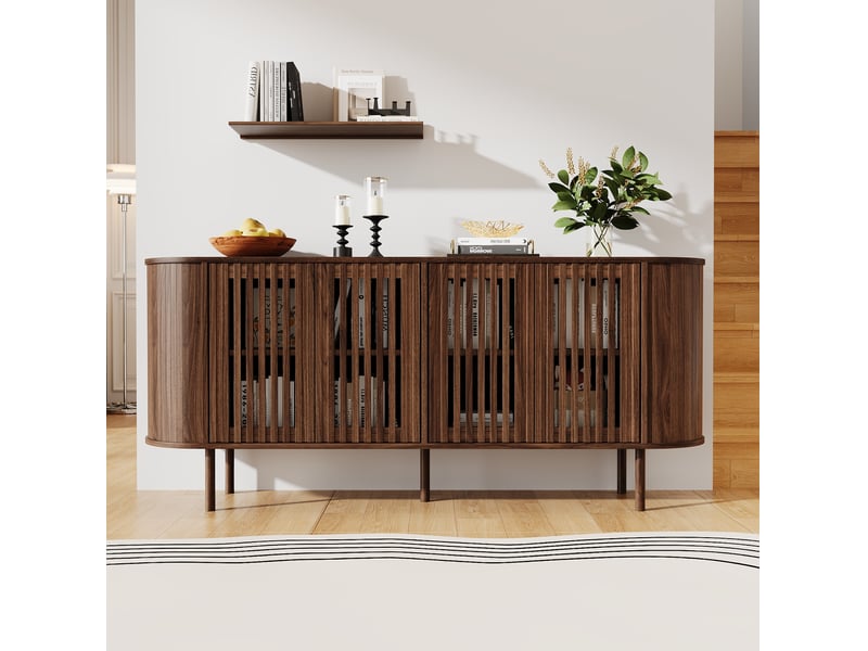  Buffet bas tcqpz 160 x 40 x 70 cm 4 portes battantes rangement mdf noyer pieds métal  - Conforama E