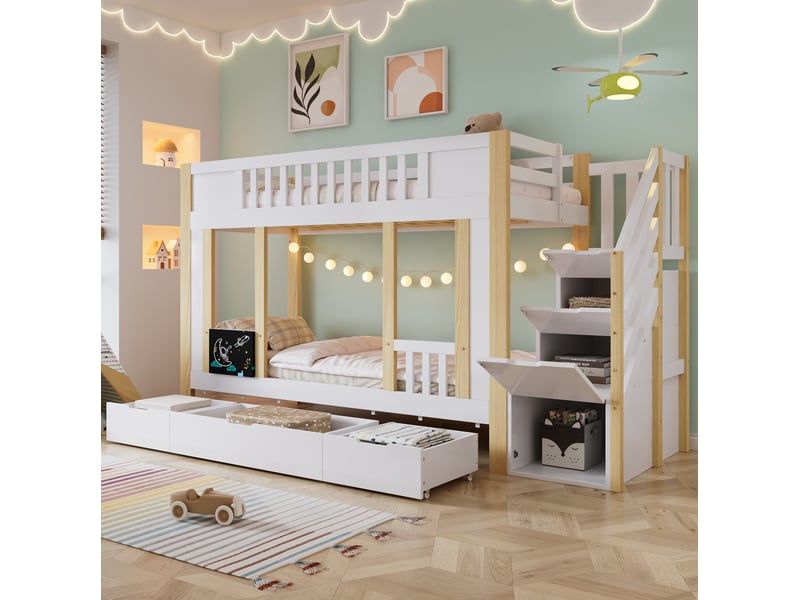  Lit superposé enfant 90x200 cm blanc et naturel avec rangement et 3 tiroirs  - Conforama E