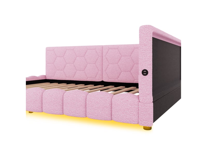  Canapé-lit 140x200 cm rose, tissu polaire, sommier à lattes, led 16 couleurs, ports usb-c  - Conforama D
