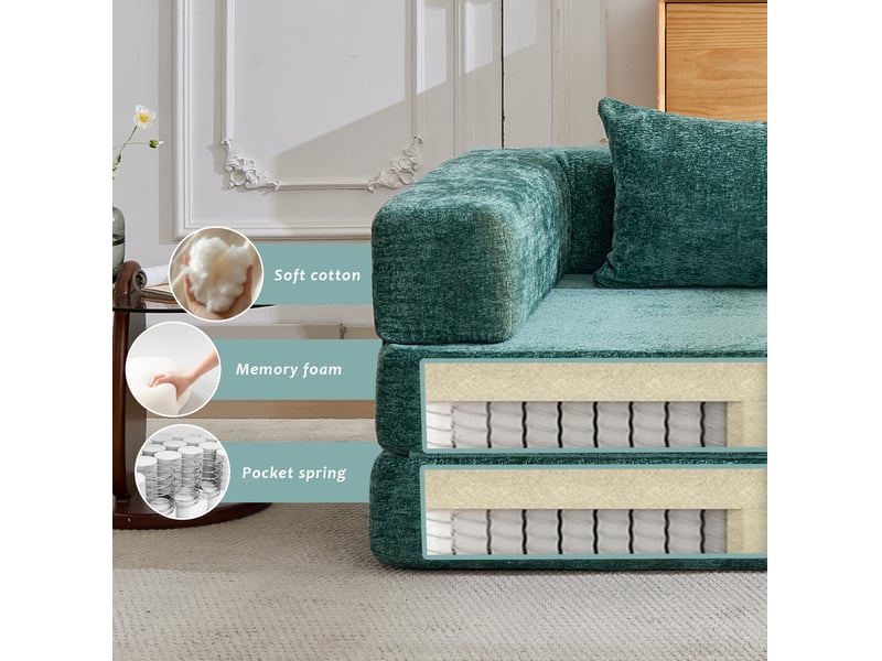  Canapé convertible 2 places pliable en chenille avec dossier rabattable, vert foncé pour salon et chambre  - Conforama E