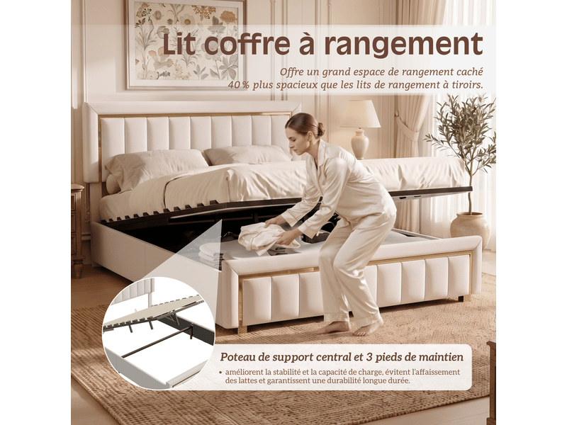  Lit coffre 140x200 cm, lit double rembourré avec rangement, lit coffre hydraulique - sommier à lattes - sans matelas - capacité de charge 300 kg - velours beige  - Conforama E