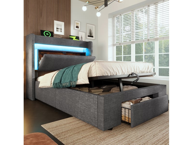  Modenvie lit coffre 90x200 cm - rangement hydraulique, led et ports usb usb-c, avec matelas - gris  - Conforama E
