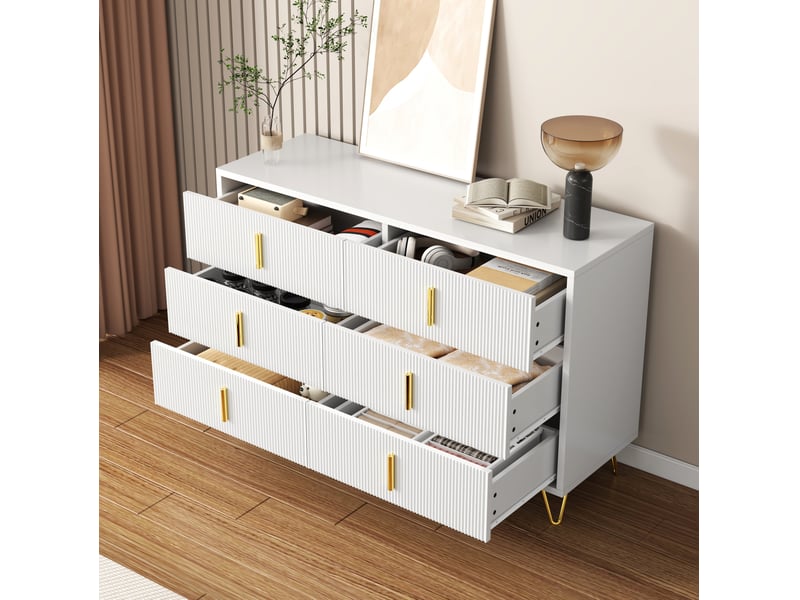 Commode bas 6 tiroirs 120x77x40 cm, ondulé, poignées et pieds dorés, panneau de particules, blanc et doré  - Conforama W