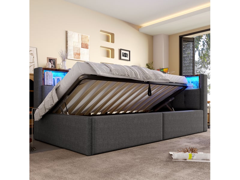  Lit banquette 90x200 cm gris en lin avec rangement, led et ports usbtype-c  - Conforama D