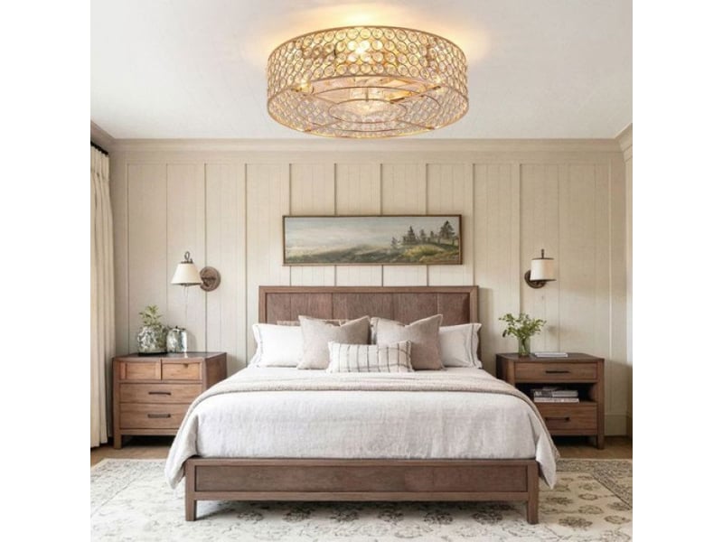  Ventilateur plafond encastrable doré avec cristaux, bluetooth et télécommande, 6 vitesses, réversible  - Conforama D