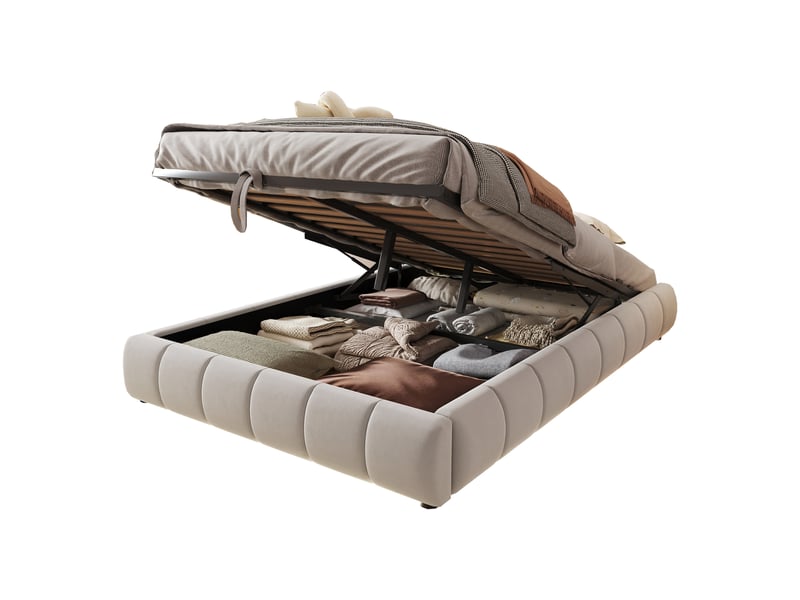  Lit double capitonné 140 x 200 cm, sans tête, bandeau led monochrome, hydraulique suspendu, beige  - Conforama A