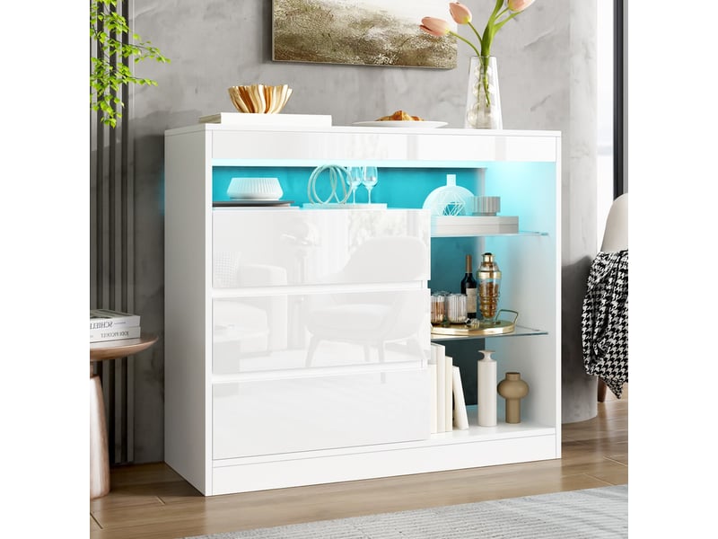  Commode 3 tiroirs, avec tablettes en verre et éclairage led, finition laquée brillante, pour salon et chambre, 90 x 35 x 80 cm, blanc  - Conforama D