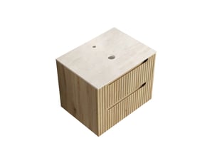 Meuble sous vasque de salle de bain sans lavabo, plateau en pierre frittée effet travertin, en contreplaqué, chêne clair