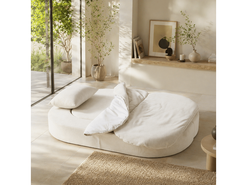  Chauffeuse convertible 2 places 130x200 cm, sans cadre rigide, mousse haute densité, 2 coussins, couverture 2-en-1, blanc cassé Morn Vibe - Conforama D