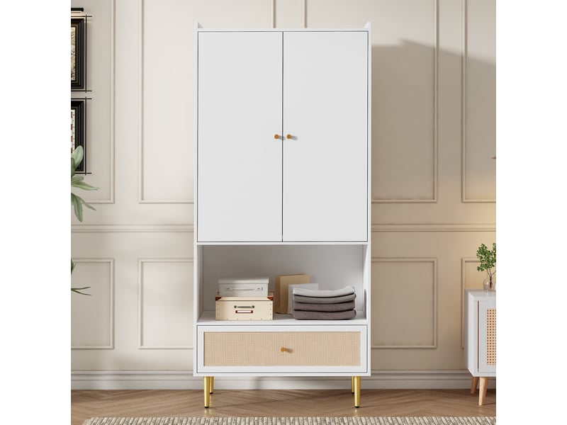  Armoire penderie - 80x48x175cm - 2 portes，1 tiroir en rotin pe tressé, niche &amp; pieds métal doré - blanc  - Conforama B