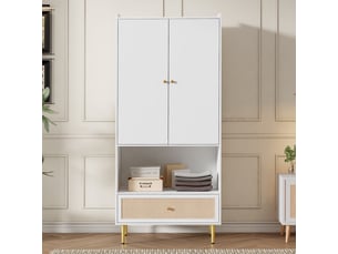 Armoire penderie - 80x48x175cm - 2 portes，1 tiroir en rotin pe tressé, niche & pieds métal doré - blanc