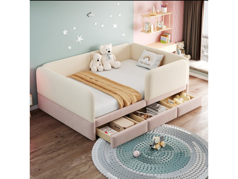 Lit enfant 140x200 cm rose en velours avec contours arrondis, 3 tiroirs et sécurité rembourrée - Conforama B