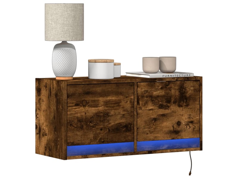  Meuble tv - banc tv - meuble de rangement mural avec lumières led chêne fumé 80x31x35 cm  - Conforama B