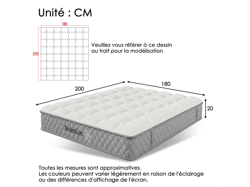  Matelas 180x200 cm à ressorts ensachés 7 zones, mousse à froid, fermeté h3, épaisseur 20 cm  - Conforama C