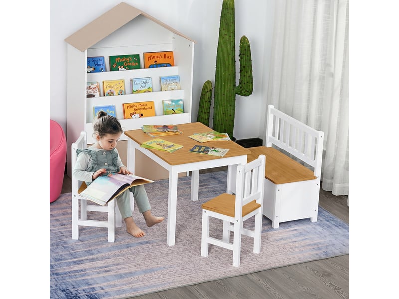  Ensemble table et chaises enfant 4 pièces blanc et naturel avec banc de rangement  - Conforama D