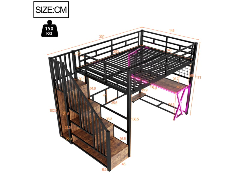 Lit mezzanine avec bureau et rangements noir 140x200 cm, led intégrée - Conforama C