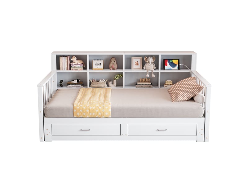 Canapé-lit extensible 90x190 cm en bois massif blanc, 2 tiroirs et station de charge intégrée - Conforama A