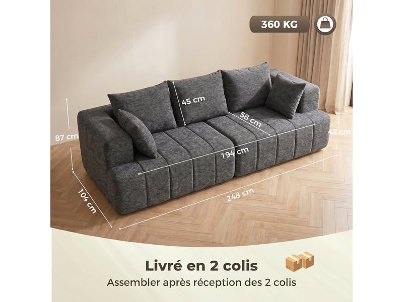  Canapé 3 places en chenille 248 cm, canapé salon moderne, large assise rembourrée, gris, coussins à ressorts  - Conforama C
