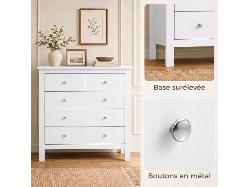  Commode à 5 tiroirs, meuble de rangement, avec poignées, glissières métalliques,  en bois, 79l x 39,5p x 80,5h cm, blanc  - Conforama R