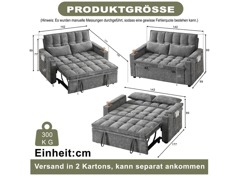 Canapé droit convertible 3 en 1 gris en tissu, rangements et porte-gobelets, idéal chez vous, pour recevoir vos invités - Conforama C