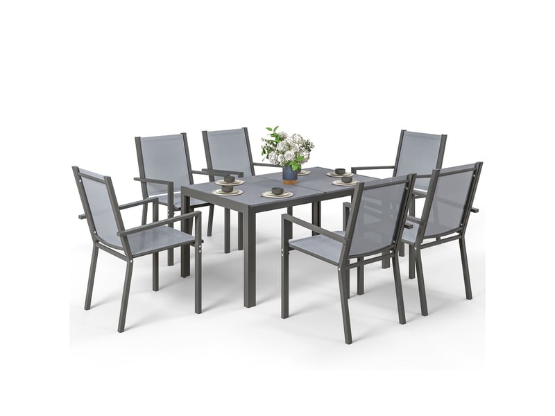 Ensemble de salle à manger de jardin pour 6 personnes salon de jardin extérieur cadres en acier chaises empilables gris  - Conforama B