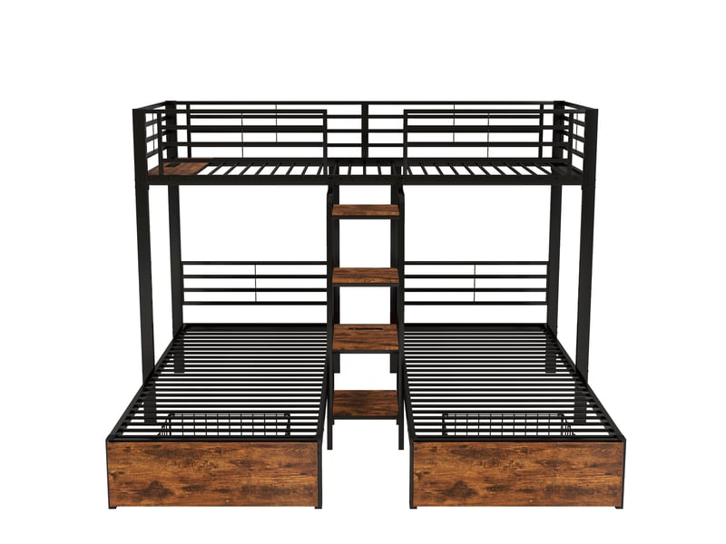 Lit superposé triple en l 229x201x160 cm, pour enfant et ado, design raffiné et polyvalent, rangement sous le lit, échelle, bibliothèque, métal noir - Conforama D