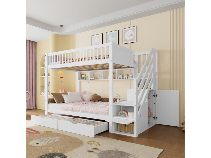  Lit superposé enfant 90 x 200 cm blanc avec rangements, armoire et étagères  - Conforama B