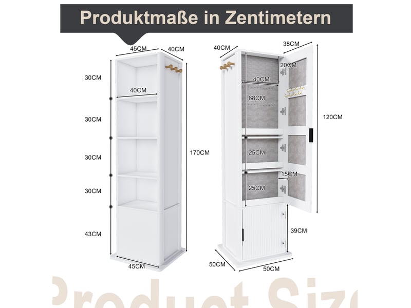 Armoire à bijoux tcqpz pivotante 360° avec miroir sur pied 50 x 50 x 170 cm rangement 4 en 1 blanche mdf  - Conforama C