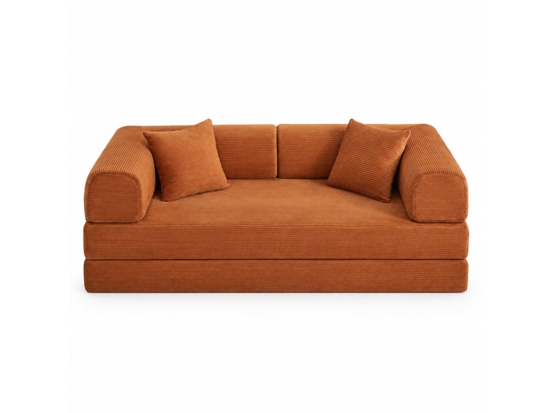 Canapé convertible 3 places 204x97x65 cm, avec 2 matelas mousse 17 cm, structure acier, velours côtelé terracotta - Conforama A
