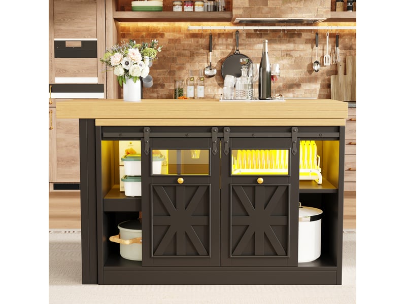 Desserte de cuisine avec table extensible rotative, éclairage led, portes vitrées et étagères, noire - Conforama C