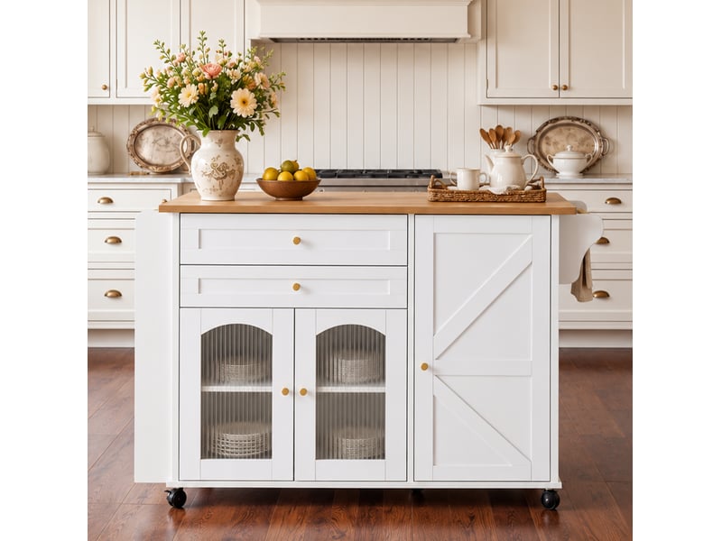 Desserte de cuisine 110x70x99 cm plateau rabattable panneau de particules blanc et naturel - Conforama D