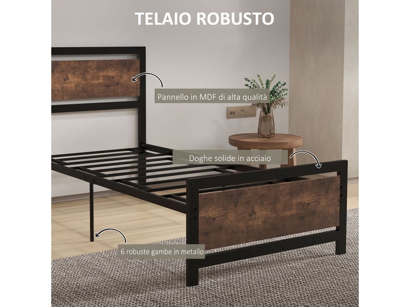  Cadre de lit simple 90x200 en métal et bois, style industriel vintage avec lattes intégrées  - Conforama R