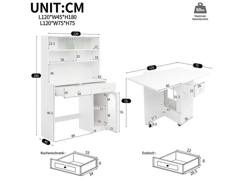  Ensemble de meubles de cuisine avec table à manger pliante sur roulettes, blanc, mdf  - Conforama E
