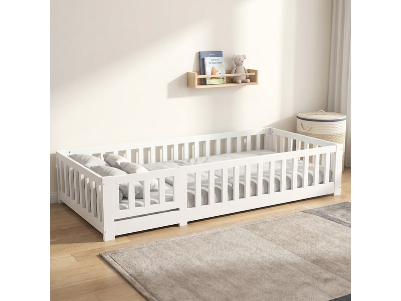  Lit enfant 90x200, lit simple, lit montessori, lit au sol avec barrière et portillon de sécurité, style scandinave, blanc  - Conforama B