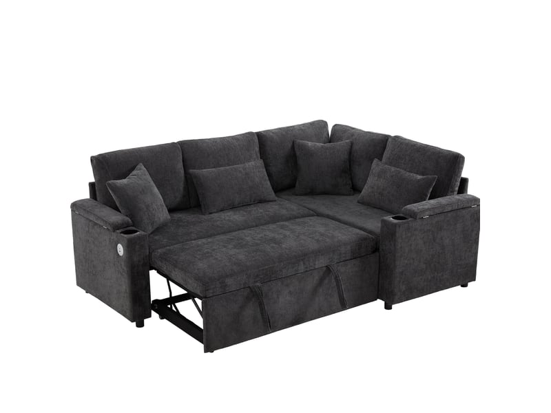 Canapé d'angle convertible 206,5 x 141 cm – gris foncé – rangement, usb, porte-gobelets et 4 coussins - Conforama A