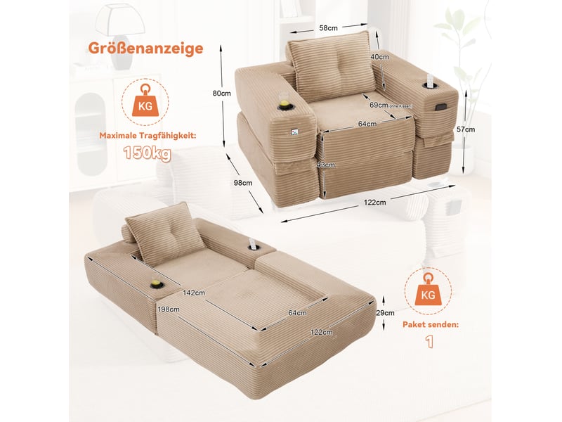 Canapé convertible 1 place avec couchage, poches latérales, porte-gobelets et accoudoirs amovibles en velours côtelé kaki - Conforama C