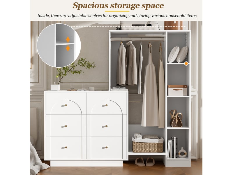  Armoire de rangement ouverte avec penderie, 6 tiroirs et étagères latérales pour chambre, blanche, 139 × 35 × 133 cm  - Conforama E