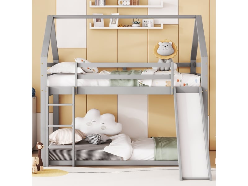 Lit superposé enfant 140x200 cm avec toboggan, échelle, gris et blanc - Conforama D