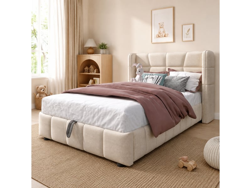  Lit enfant simple 90×200 cm avec coffre relevable, tête rembourrée - okmyhome- tissu beige, sans matelas  - Conforama C