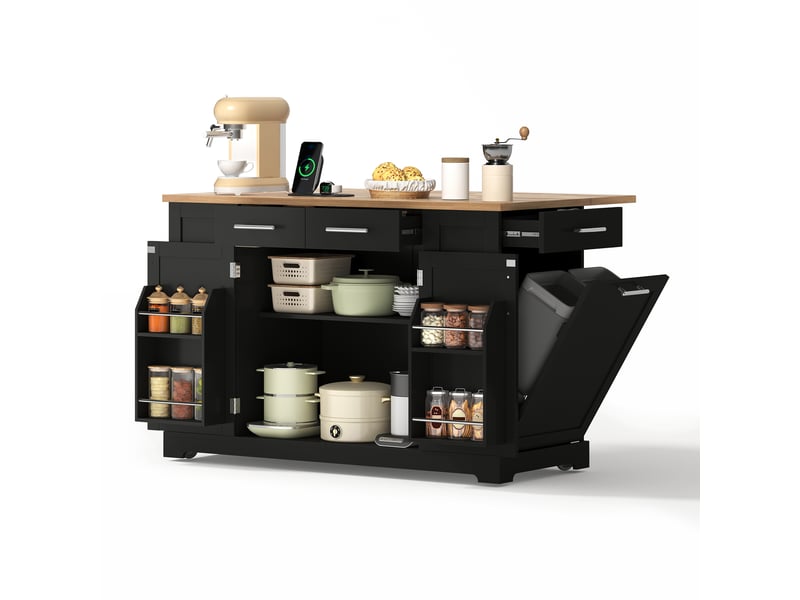 Îlot de cuisine 138 cm noir et aspect bois avec plan de travail rabattable, roulettes et prise électrique intégrée  - Conforama W