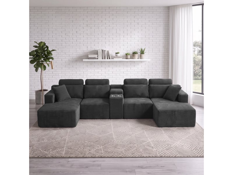  Canapé panoramique en u - 373x150x81cm - canapé modulaire velours côtelé avec porte-gobelets, assise profonde - gris  - Conforama C