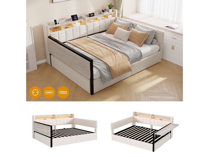  Lit coffre hydraulique 140x200 cm avec  led, table rabattable et usb-c, velours blanc, structure mdf, sans matelas  - Conforama E