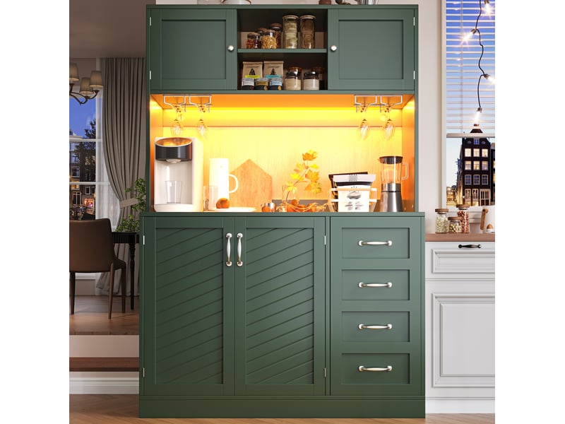  Buffet 120x40x188 cm vert mdf et métal, 4 portes, 2 grands tiroirs, led, rangement pour cuisine et salon  - Conforama B