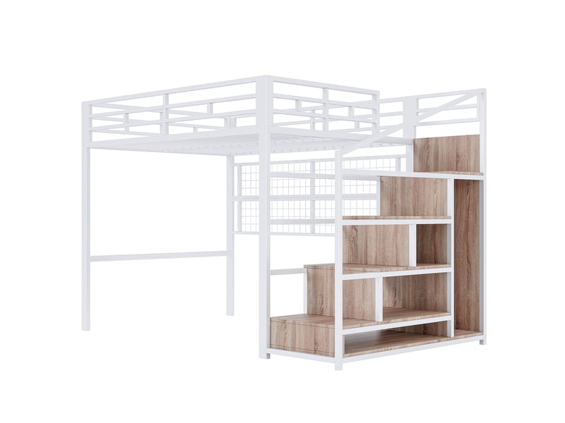  Lit mezzanine double 140x200 cm avec éclairage led, lit double avec armoire et échelle de rangement, cadre de lit adulte, blanc  - Conforama B