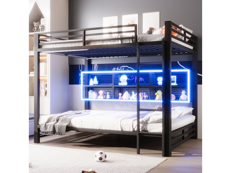  Lit superposé 140 x 200 cm, rangements, led, noir  - Conforama B