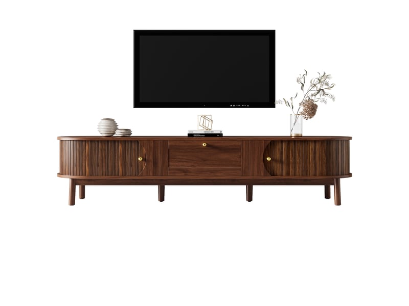  Meuble tv 170x39,5x38 cm, 1 tiroir, portes coulissantes, pieds bois, grand rangement, lowboard moderne pour salon - noyer  - Conforama A