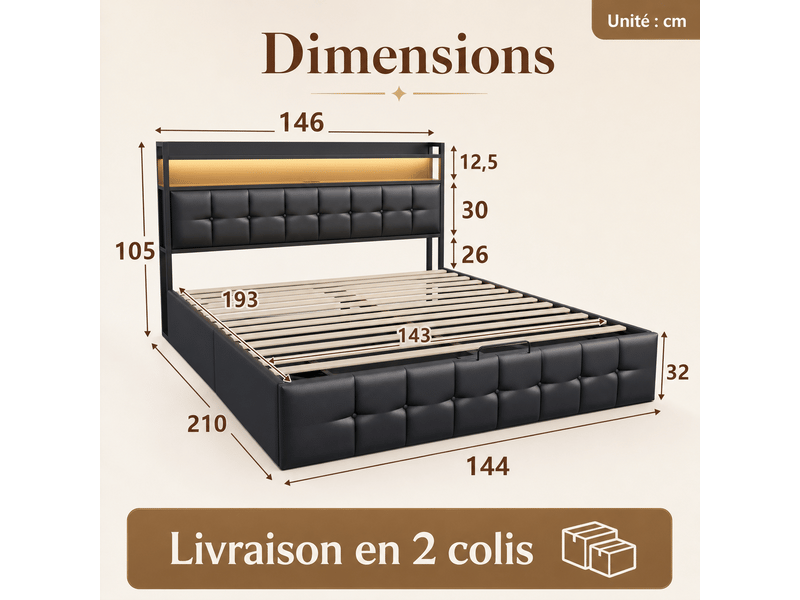 Lit coffre double 140x190cm avec led et prise usb tpye c - rangement de chevet et tête de lit rembourré- hydraulique - lit adulte 2 personnes - pu - noir - lit capitonné, lit 2 places, cadre de lit, lit ado, sommier à lattes, c… - Conforama D