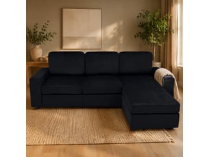 Canapé d’angle fixe 3 places noir avec 4 rangements, méridienne réversible 245,5 cm, idéal pour le salon