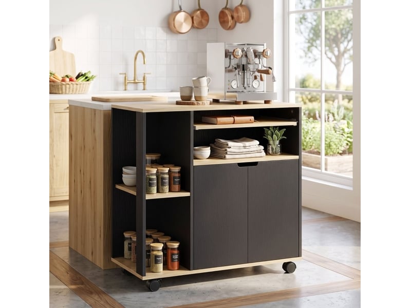 Desserte de cuisine noire et bois clair sur roulettes, 2 portes et étagère réglable, pour préparer et servir  - Conforama B